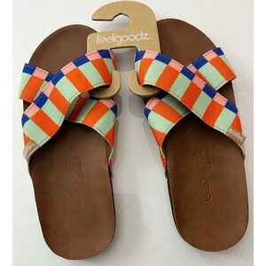 Feelgoodz • NWT Orange Green Blue Pink Striped Slide On Sandals
